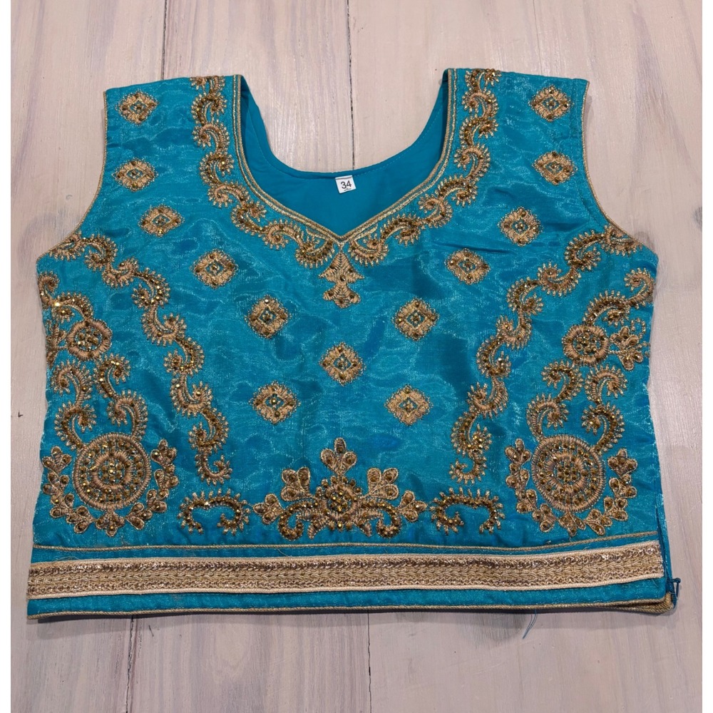 Turquoise Blue Gold Embroidered‎ Choli Blouse Sleeveless Indian Ethnic Top Sz 34